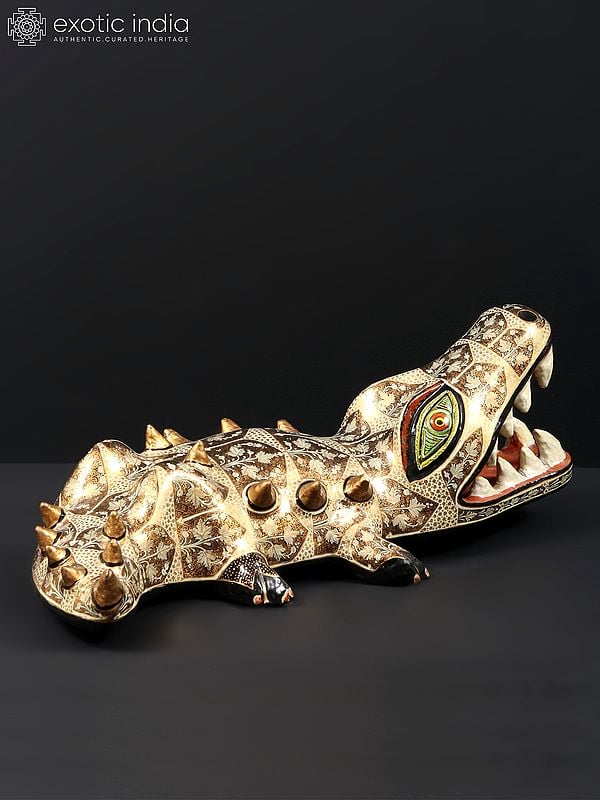 Exotic India 20" Hand Painted Papier Mache Crocodile With Open Mouth | From Kashmir | Animal Figurine