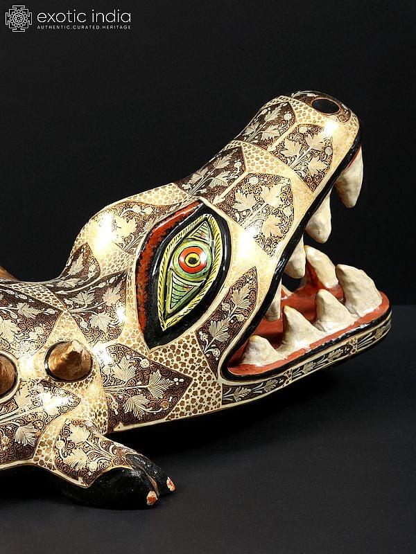 Exotic India 20" Hand Painted Papier Mache Crocodile With Open Mouth | From Kashmir | Animal Figurine