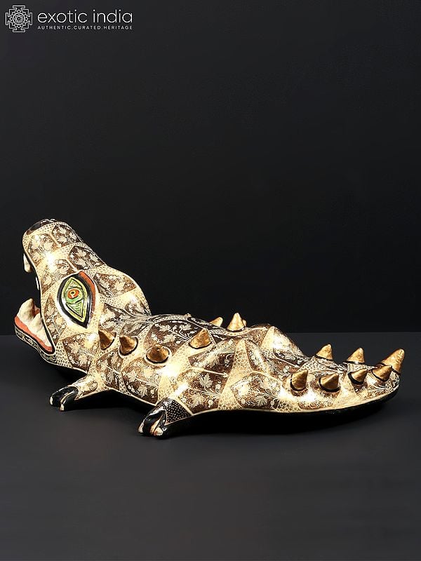 Exotic India 20" Hand Painted Papier Mache Crocodile With Open Mouth | From Kashmir | Animal Figurine