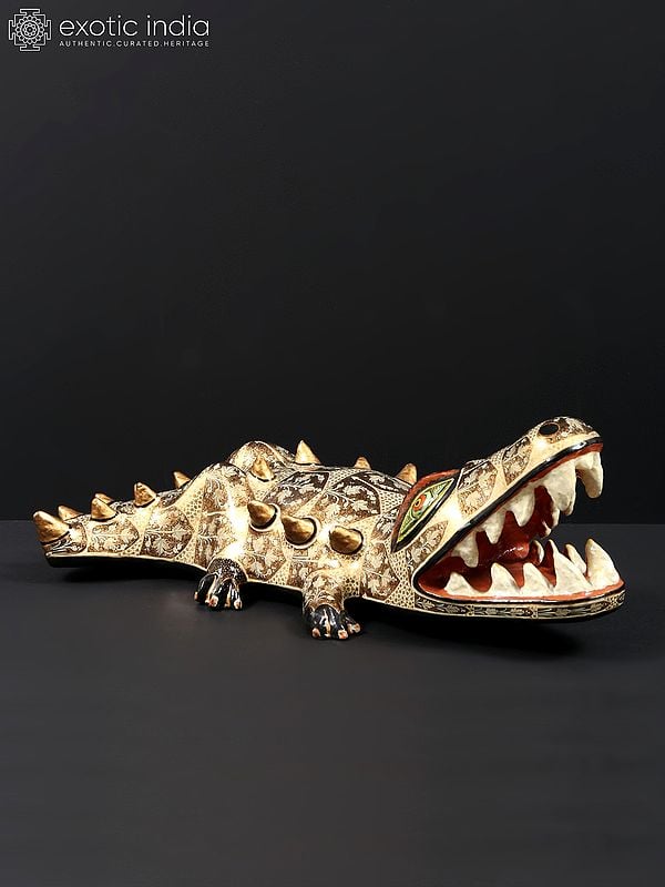 exotic india 20" Hand Painted Papier Mache Crocodile with Open Mouth | From Kashmir | Animal Figurine 