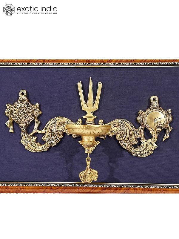 Exotic India 20" Lamp With Vaishnava Symbols (Shankh Chakra And Tilak) | Wood Framed Brass Sculpture 