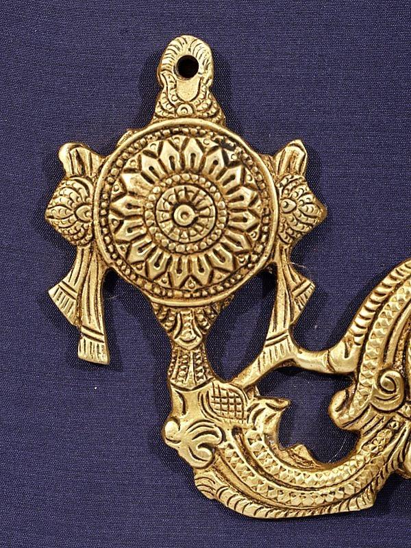 Exotic India 20" Lamp With Vaishnava Symbols (Shankh Chakra And Tilak) | Wood Framed Brass Sculpture 