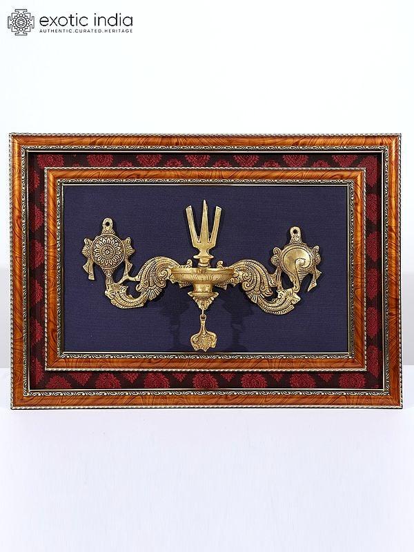 exotic india 20" Lamp with Vaishnava Symbols (Shankh Chakra and Tilak) | Wood Framed Brass Sculpture 
