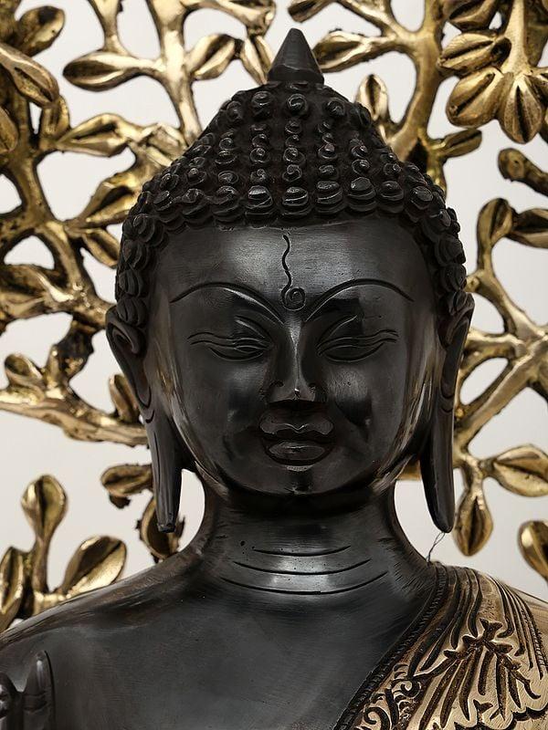 Exotic India 20" Lord Buddha In Vitark Mudra Seated Under The Bodhi Tree | Brass Statue 
