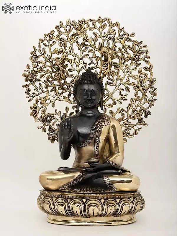 exotic india 20" Lord Buddha in Vitark Mudra Seated Under The Bodhi Tree | Brass Statue 