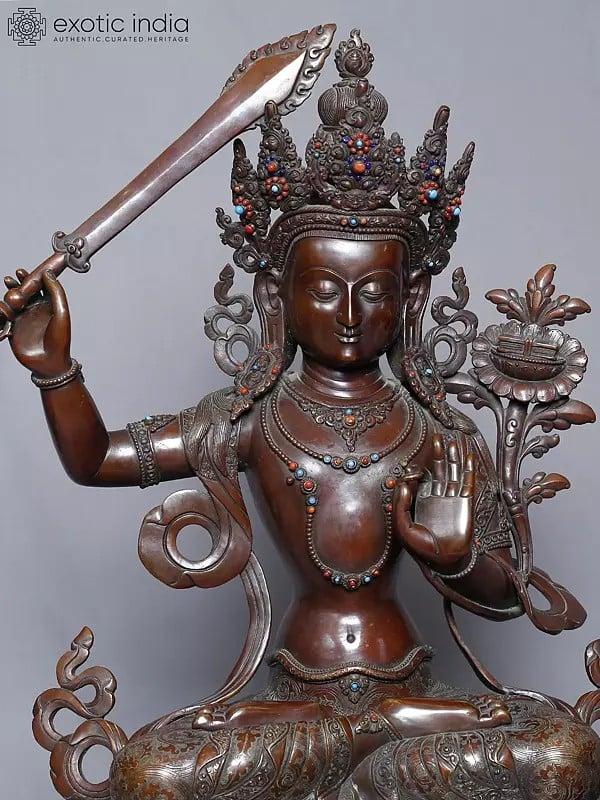 Exotic India 20" Seated Tibetan Buddhist Deity Manjushree Statue In Copper Gold Plated From Nepal 