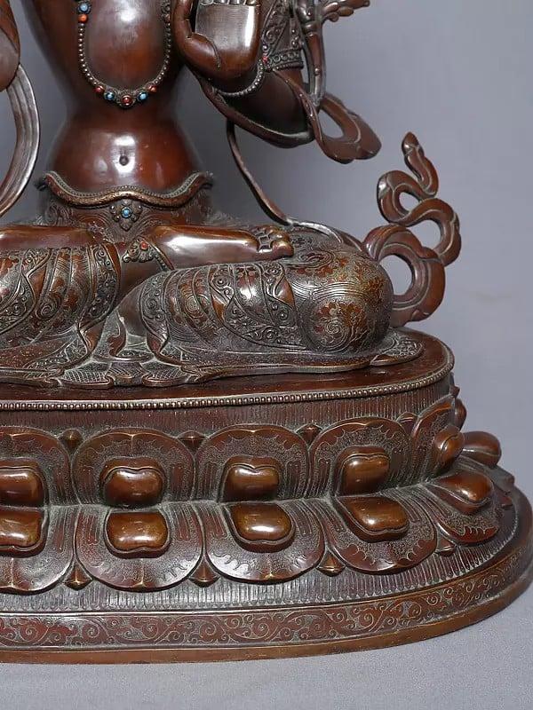 Exotic India 20" Seated Tibetan Buddhist Deity Manjushree Statue In Copper Gold Plated From Nepal 