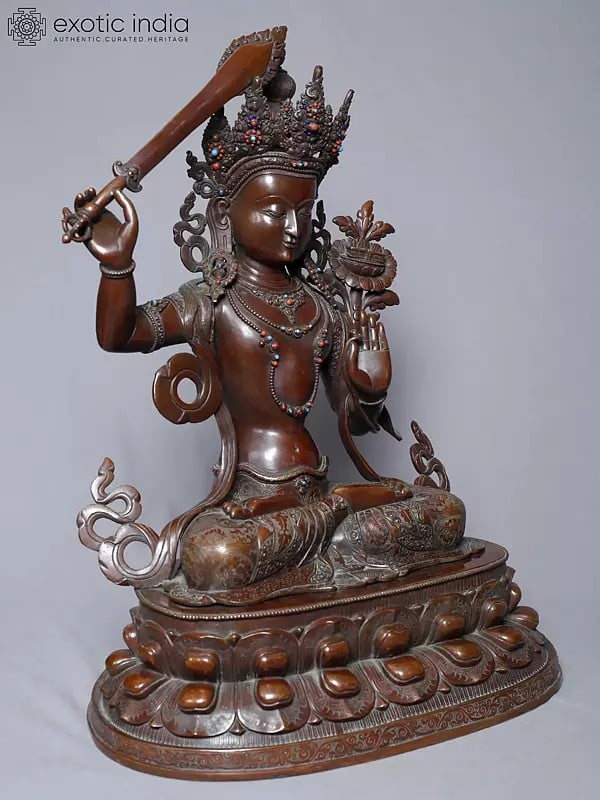 Exotic India 20" Seated Tibetan Buddhist Deity Manjushree Statue In Copper Gold Plated From Nepal 
