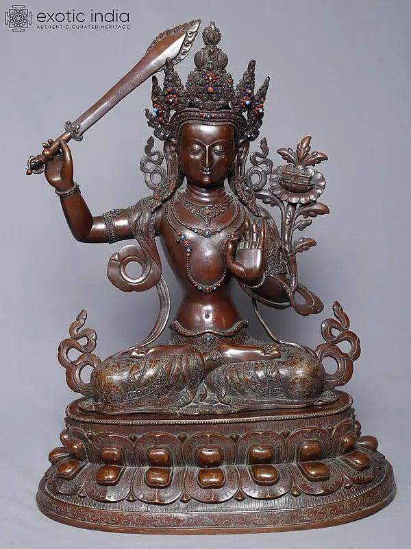exotic india 20" Seated Tibetan Buddhist Deity Manjushree Statue In Copper Gold Plated From Nepal 