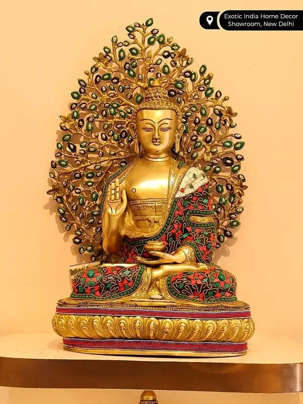 Exotic India 20" Superfine Shakyamuni Buddha Inlay Brass Statue With Bodhi Tree As Backdrop 