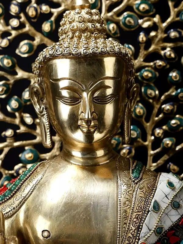 Exotic India 20" Superfine Shakyamuni Buddha Inlay Brass Statue With Bodhi Tree As Backdrop 