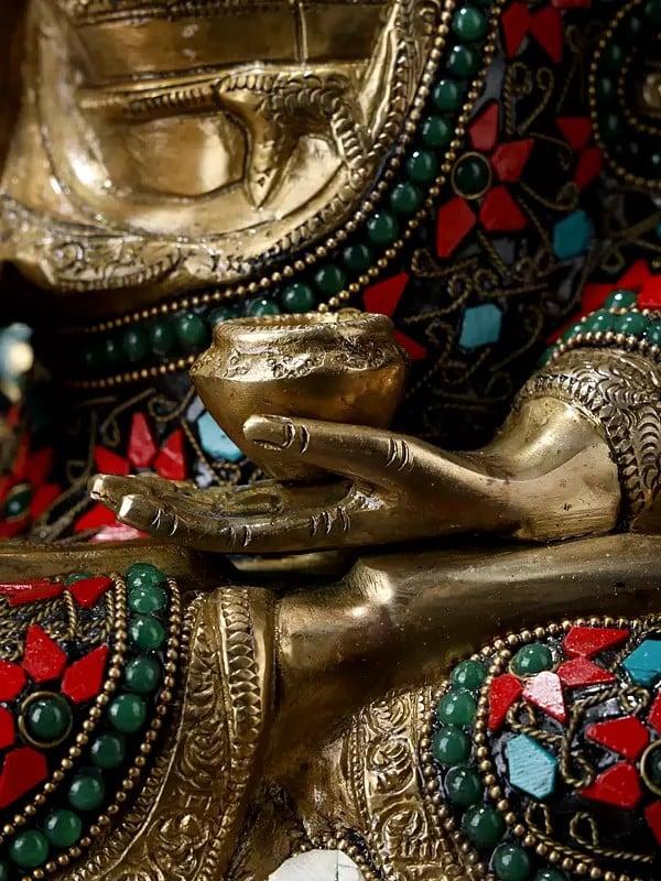 Exotic India 20" Superfine Shakyamuni Buddha Inlay Brass Statue With Bodhi Tree As Backdrop 