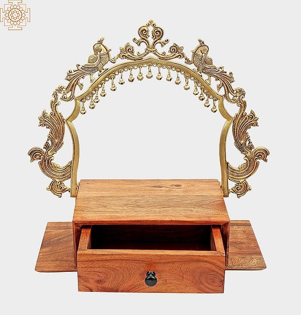 Exotic India 20" Temple-Altar With Prabhavali And A Drawer In Brass & Wood | Handmade | Made In Jaipur ( India )