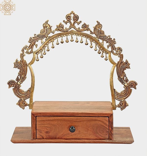 exotic india 20" Temple-Altar with Prabhavali and a Drawer In Brass & Wood | Handmade | Made In Jaipur ( India ) 