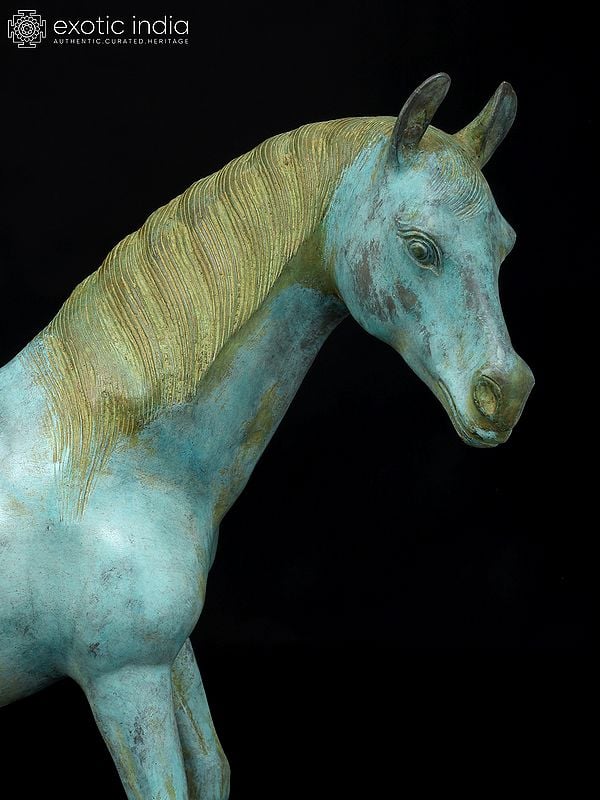Exotic India 20" Turquoise Decorative Horse In Brass | Home Decor 