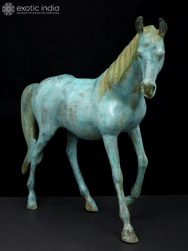 Exotic India 20" Turquoise Decorative Horse In Brass | Home Decor 