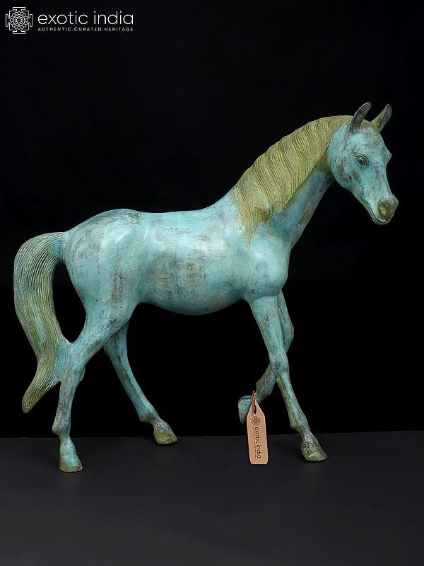 exotic india 20" Turquoise Decorative Horse in Brass | Home Decor 