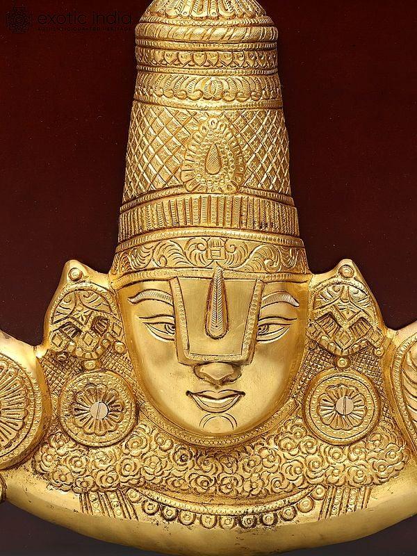 Exotic India 20" Wood Framed Brass Tirupati Balaji (Venkateshvara) | Wall Hanging 