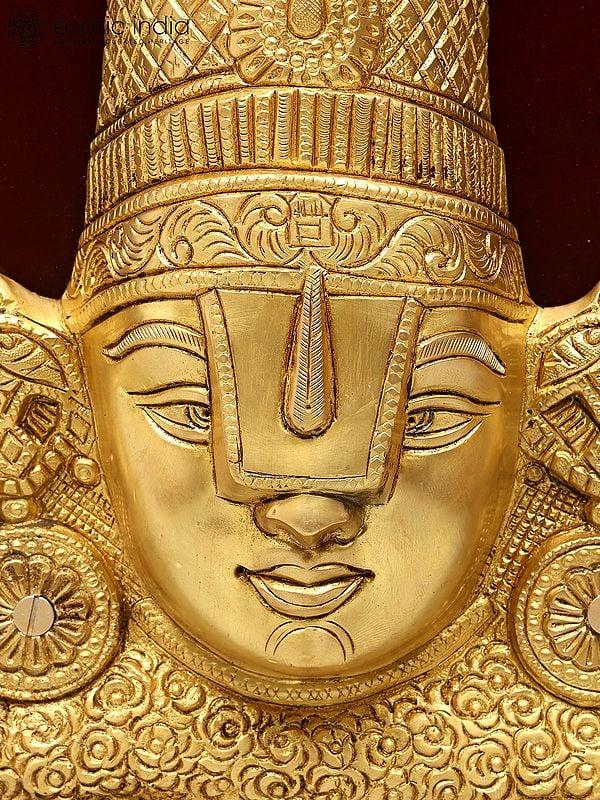 Exotic India 20" Wood Framed Brass Tirupati Balaji (Venkateshvara) | Wall Hanging 