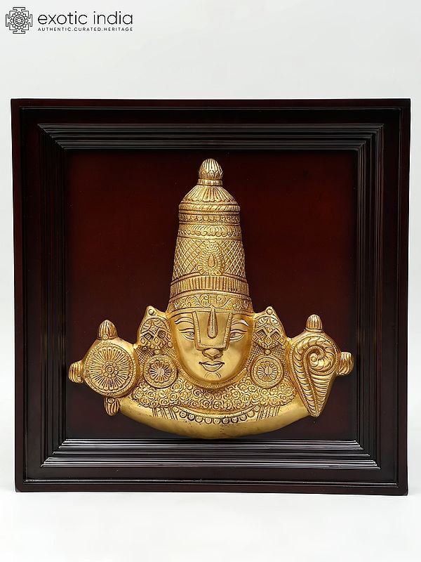 exotic india 20" Wood Framed Brass Tirupati Balaji (Venkateshvara) | Wall Hanging 