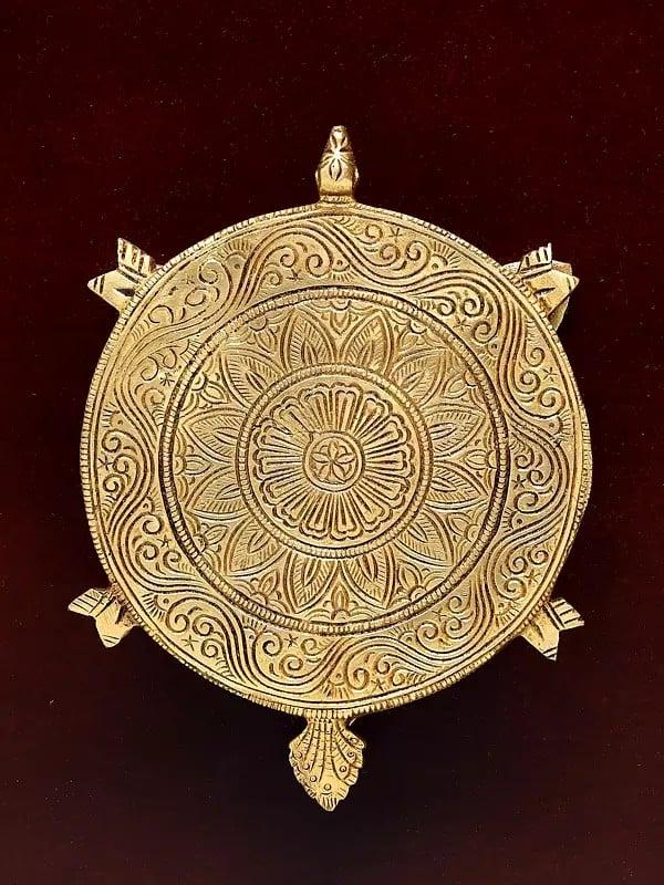 Exotic India 20" Wood Framed Brass Tortoise With Lotuses | Wall Hanging 
