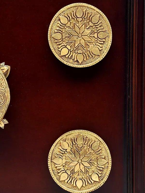 Exotic India 20" Wood Framed Brass Tortoise With Lotuses | Wall Hanging 