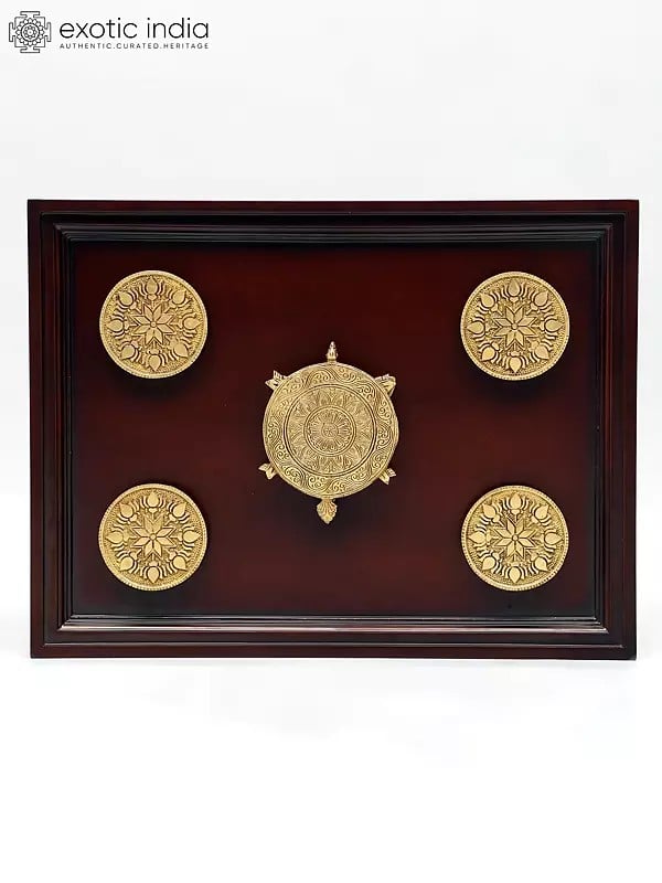 exotic india 20" Wood Framed Brass Tortoise with Lotuses | Wall Hanging 