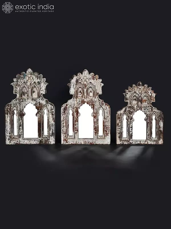exotic india 20" Wood Framed Designer Mirrors | Set of 3 | Wall Hanging | Home Decor 