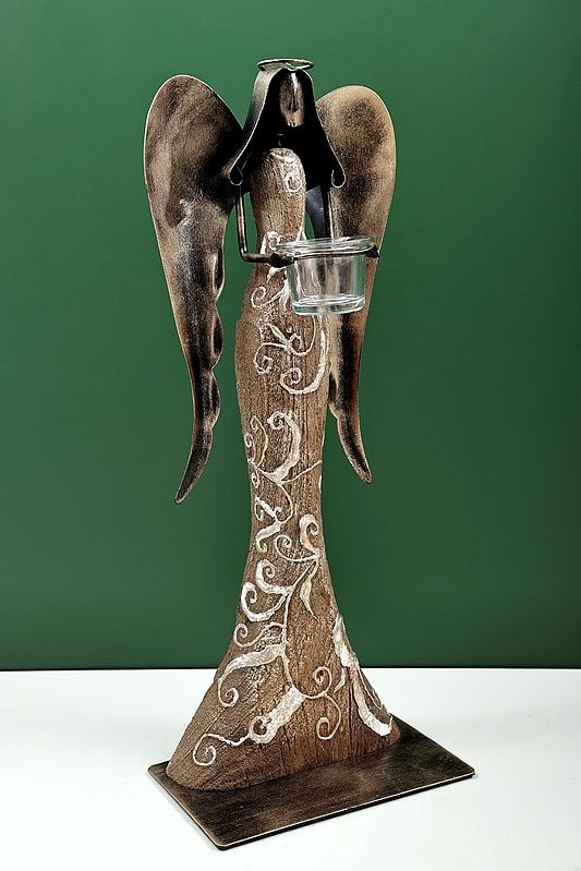 Exotic India 20" Wooden Angel With Candle Stand | Handmade