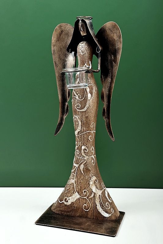 Exotic India 20" Wooden Angel With Candle Stand | Handmade