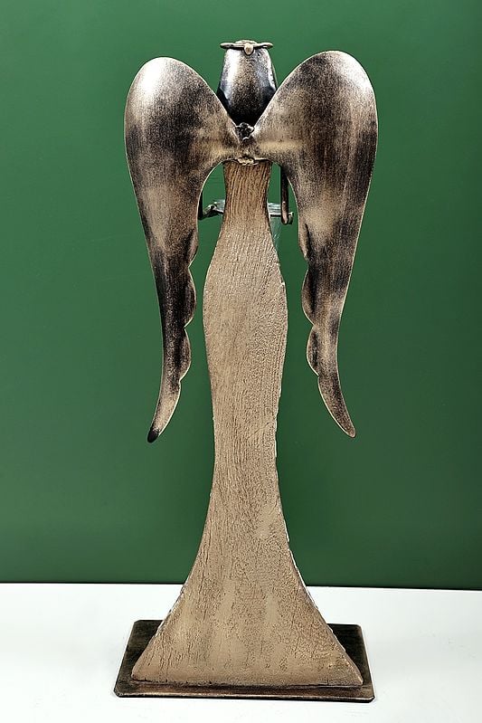 Exotic India 20" Wooden Angel With Candle Stand | Handmade