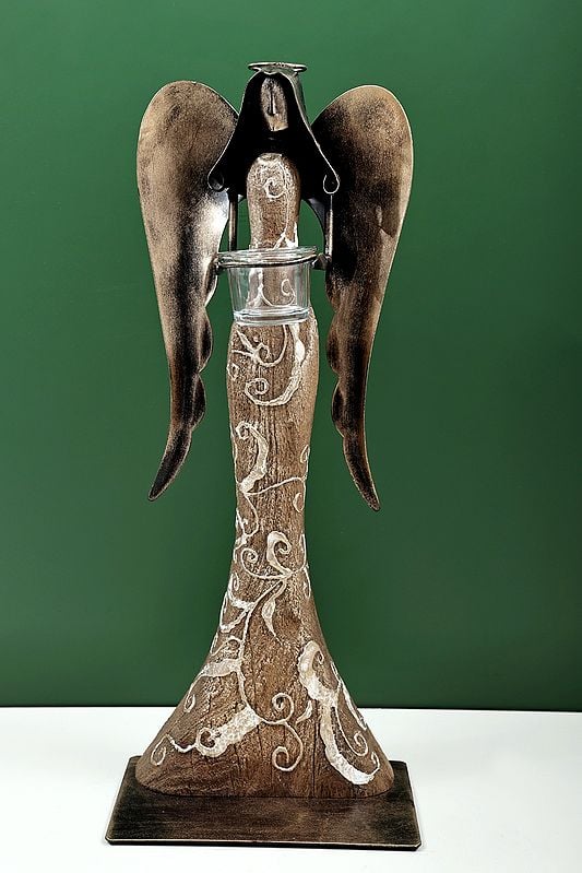 exotic india 20" Wooden Angel with Candle Stand | Handmade 