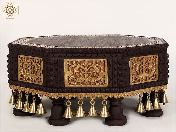 Exotic India 20" Wooden Octagonal Shape Designer Chowki/Pedestal With Dangling Bells In Brass 