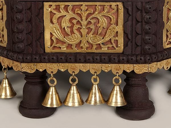 Exotic India 20" Wooden Octagonal Shape Designer Chowki/Pedestal With Dangling Bells In Brass 