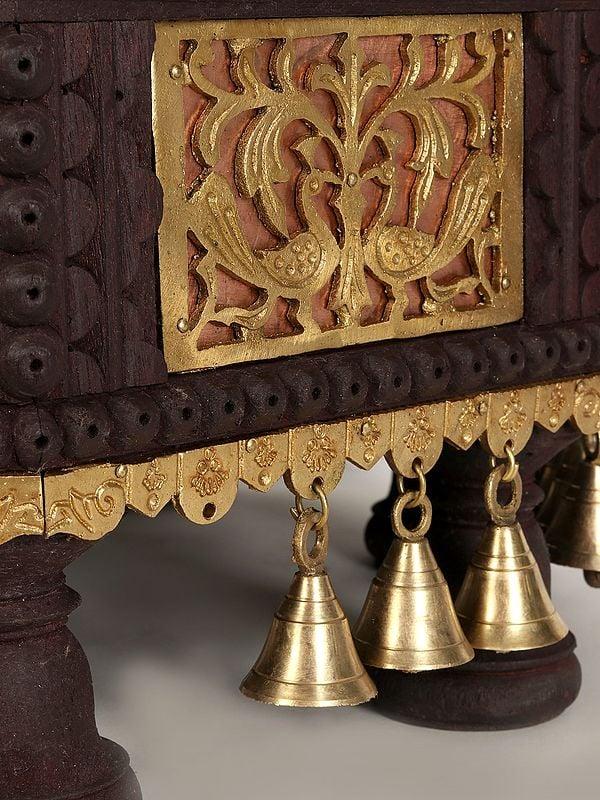 Exotic India 20" Wooden Octagonal Shape Designer Chowki/Pedestal With Dangling Bells In Brass 