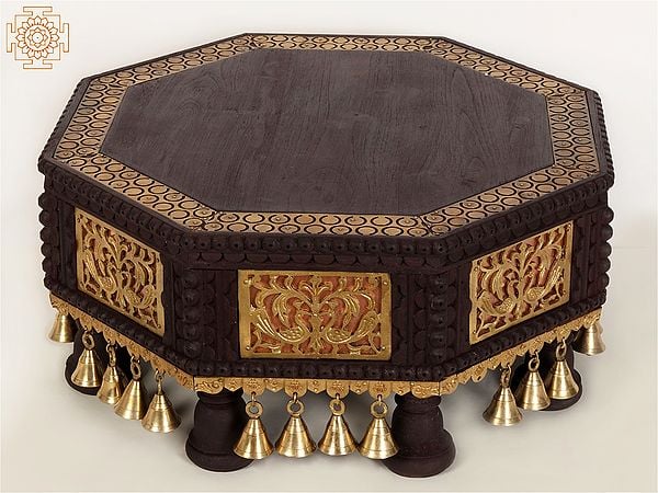 exotic india 20" Wooden Octagonal Shape Designer Chowki/Pedestal with Dangling Bells in Brass 