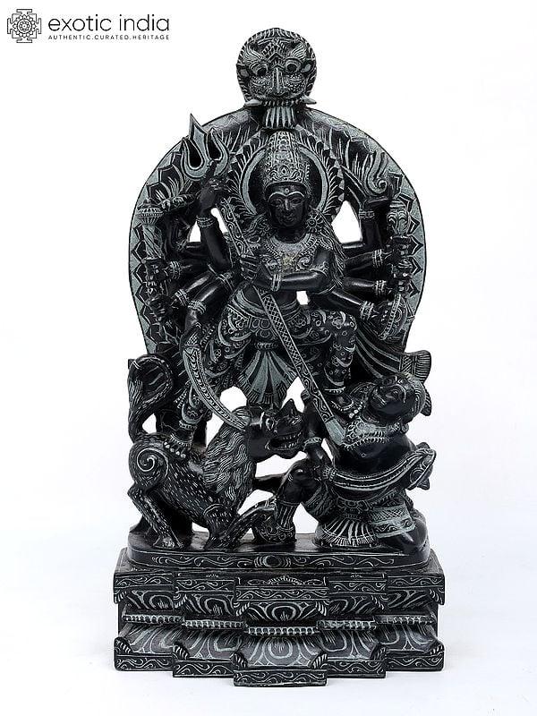 exotic india 21" Goddess Durga Killing Demon Mahishasura | Sand Stone Statue | Made in Orissa 