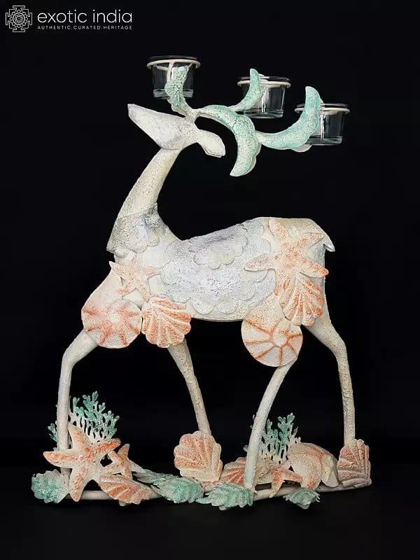 exotic india 21" Iron Seashells Reindeer with Candle Holders | Decorative Showpiece 