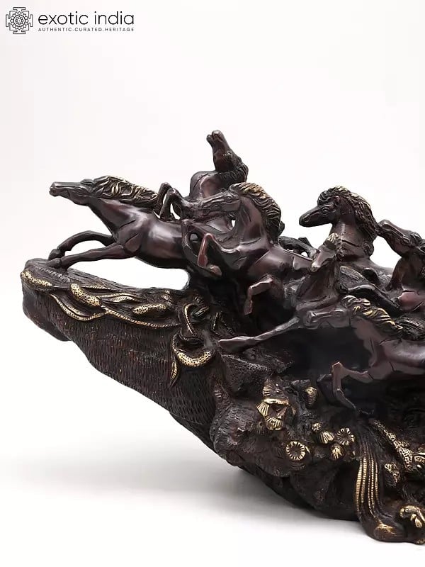 Exotic India 21" Nine Running Horses - Symbol Of Wealth And Success | Home Decor | Brass Statue