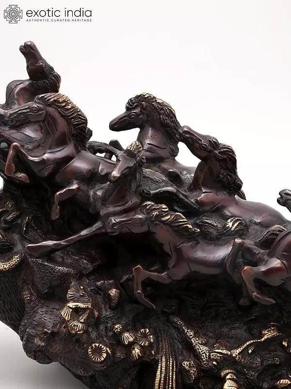 Exotic India 21" Nine Running Horses - Symbol Of Wealth And Success | Home Decor | Brass Statue