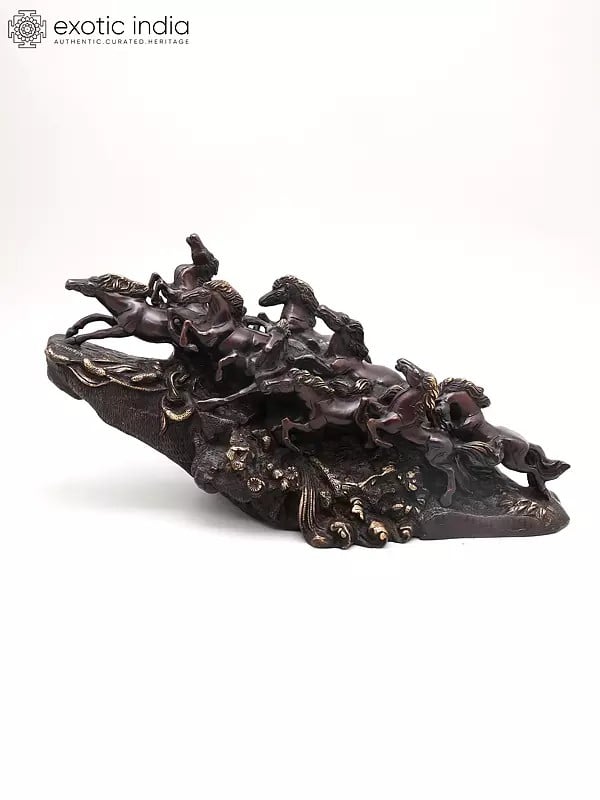 exotic india 21" Nine Running Horses - Symbol of Wealth and Success | Home Decor | Brass Statue 