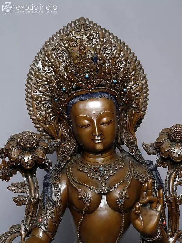 Exotic India 21" Seated Goddess Green Tara Statue In Copper Gold Plated From Nepal | Handmade 