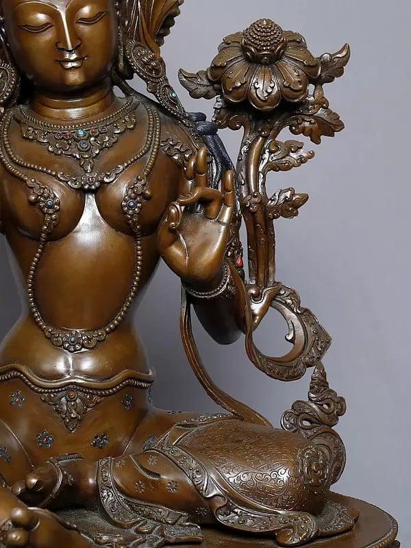 Exotic India 21" Seated Goddess Green Tara Statue In Copper Gold Plated From Nepal | Handmade 