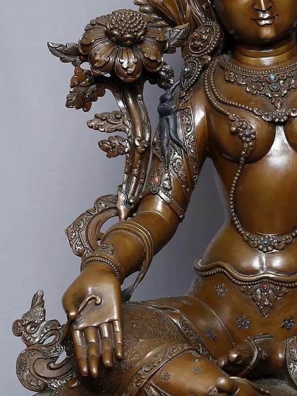 Exotic India 21" Seated Goddess Green Tara Statue In Copper Gold Plated From Nepal | Handmade 