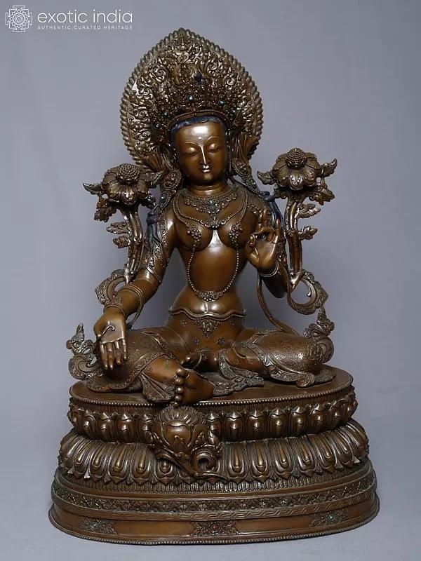 exotic india 21" Seated Goddess Green Tara Statue In Copper Gold Plated From Nepal | Handmade 