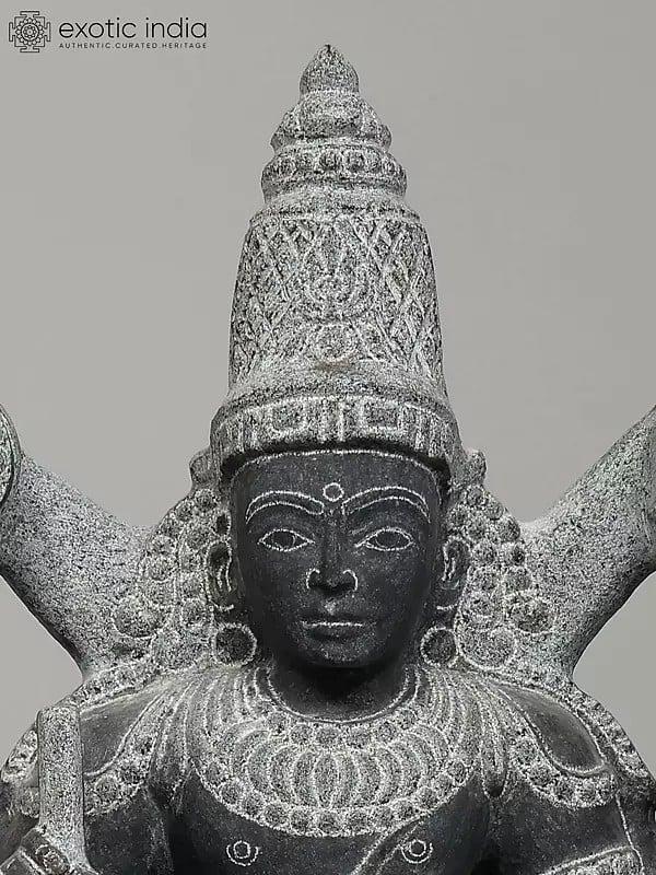 Exotic India 21" Shukra Graha With Vahana - Planet | Black Granite Stone Statue 