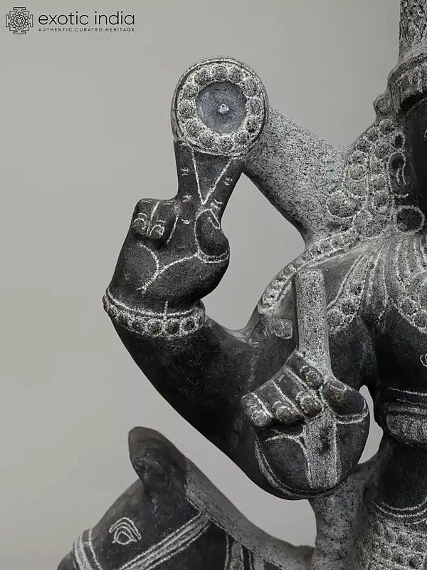 Exotic India 21" Shukra Graha With Vahana - Planet | Black Granite Stone Statue 
