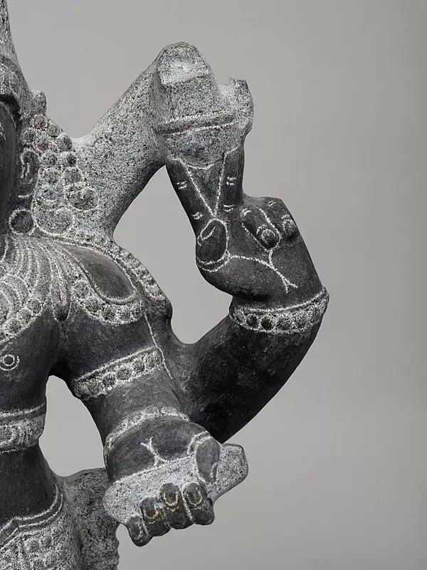 Exotic India 21" Shukra Graha With Vahana - Planet | Black Granite Stone Statue 