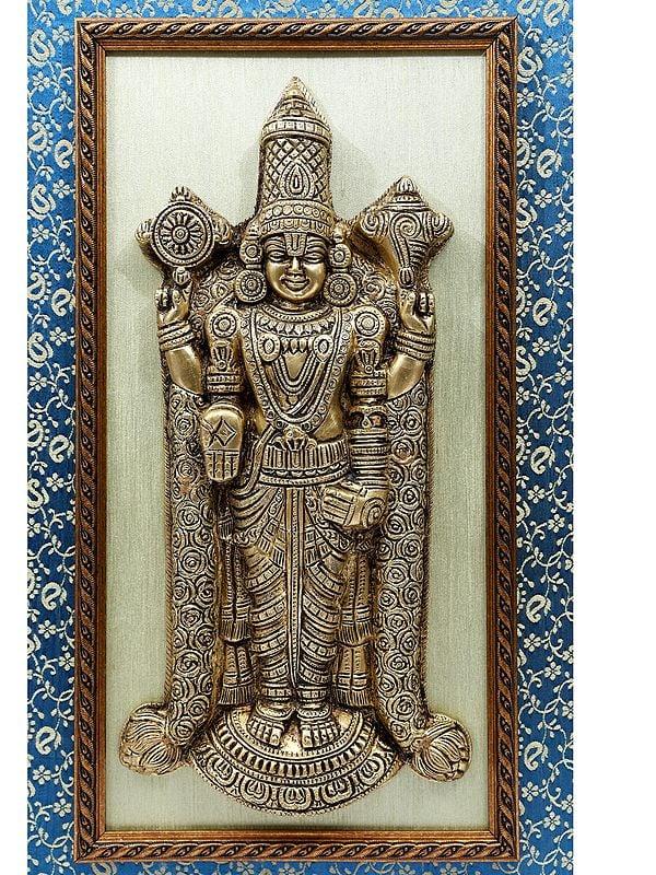 Exotic India 21" Tirupati Balaji (Venkateshvara) | Wood Framed Brass Sculpture | Wall Hanging Decor 