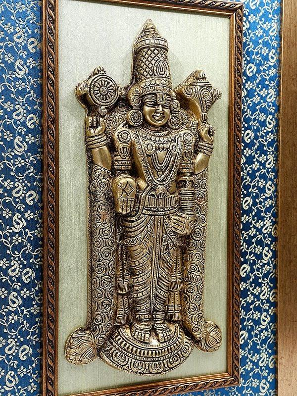 Exotic India 21" Tirupati Balaji (Venkateshvara) | Wood Framed Brass Sculpture | Wall Hanging Decor 